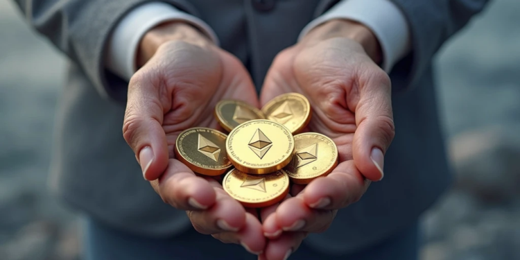 Manos sosteniendo monedas de Ethereum.