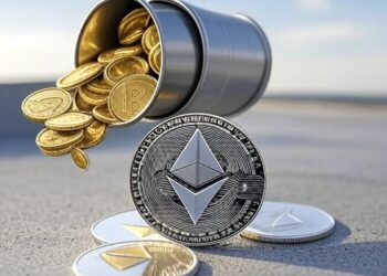 Monedas caen alrededor de una moneda plateada de Ethereum.