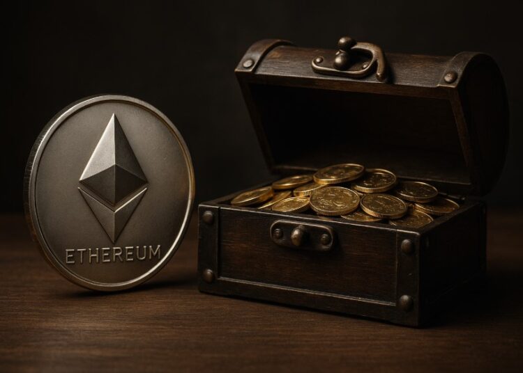 ETH al lado de un cofre del tesoro.