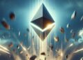 Un logo de Ethereum cayendo desde el cielo como un meteorito y estrellándose con el suelo.