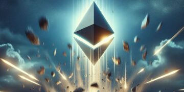 Un logo de Ethereum cayendo desde el cielo como un meteorito y estrellándose con el suelo.