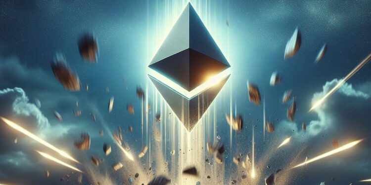 Un logo de Ethereum cayendo desde el cielo como un meteorito y estrellándose con el suelo.