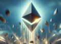 Un logo de Ethereum cayendo desde el cielo como un meteorito y estrellándose con el suelo.