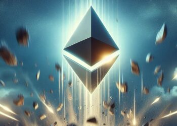 Un logo de Ethereum cayendo desde el cielo como un meteorito y estrellándose con el suelo.
