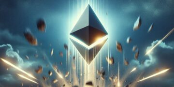 Un logo de Ethereum cayendo desde el cielo como un meteorito y estrellándose con el suelo.
