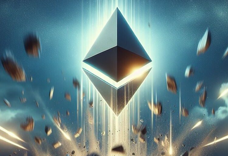 Un logo de Ethereum cayendo desde el cielo como un meteorito y estrellándose con el suelo.