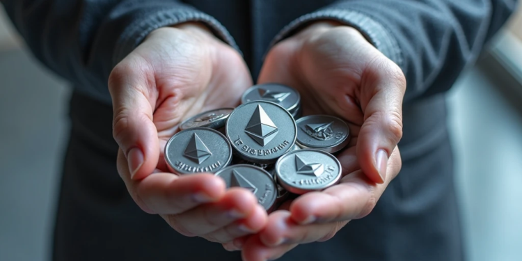 monedas de Ethereum en las manos de una persona.
