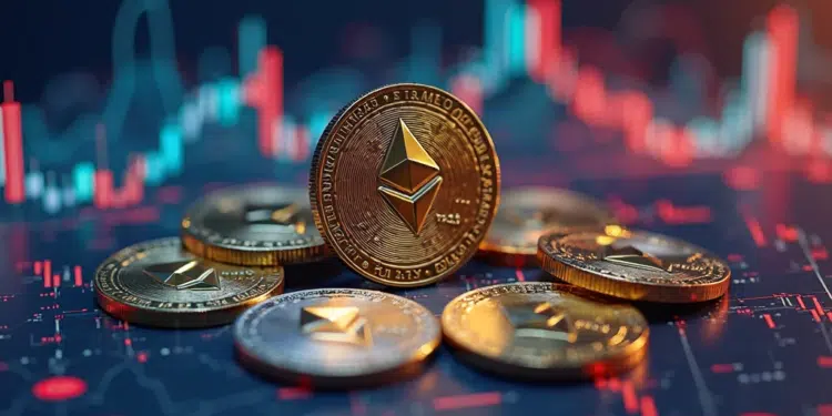 Monedas doradas de Ethereum delante de gráficos de precio.