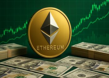 ETH con dinero alrededor y gráficas verdes de fondo.