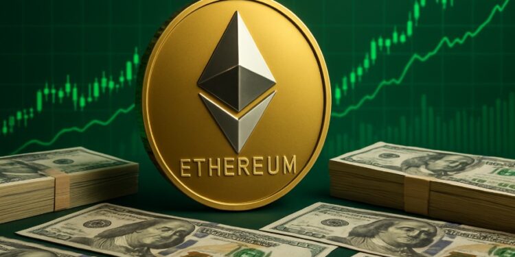 ETH con dinero alrededor y gráficas verdes de fondo.