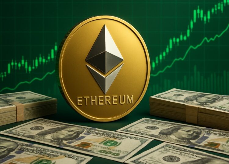 ETH con dinero alrededor y gráficas verdes de fondo.