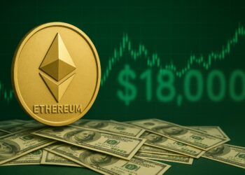 ETH sobre dinero, gráficas en verde y el precio de USD 18.000.