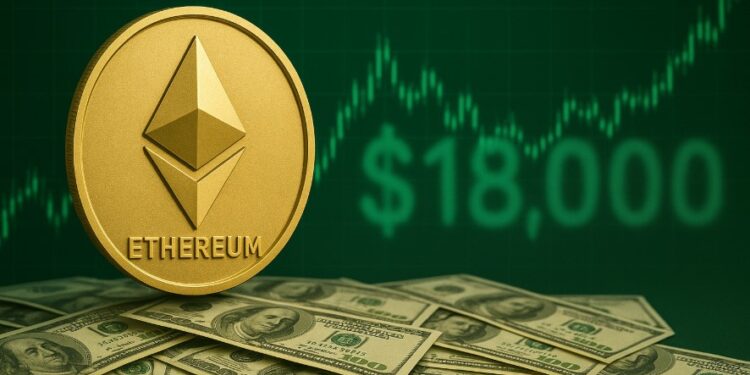 ETH sobre dinero, gráficas en verde y el precio de USD 18.000.