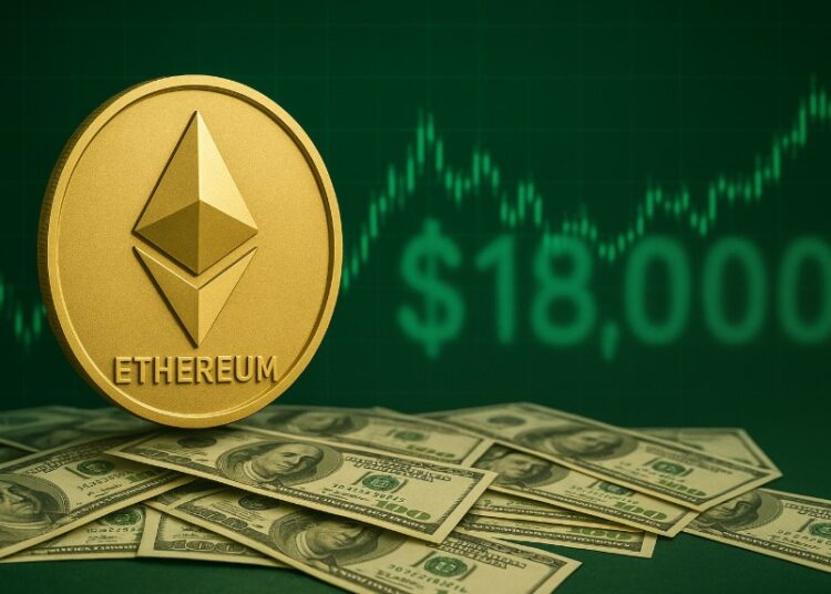 ETH sobre dinero, gráficas en verde y el precio de USD 18.000.
