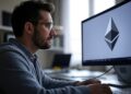 Una persona delante de un monitor que proyecta el logo de Ethereum