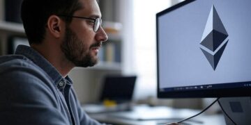 Una persona delante de un monitor que proyecta el logo de Ethereum