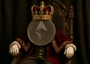 Una moneda de ETH personificada, con una corona y sentada en un trono de rey.