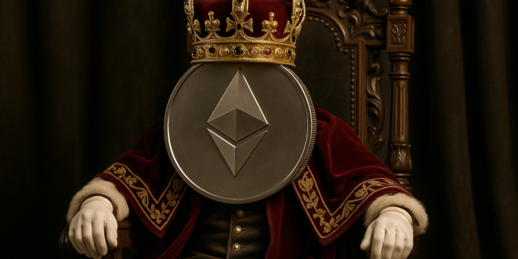 Una moneda de ETH personificada, con una corona y sentada en un trono de rey.