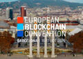 vista aerea de Fira - barcelona con el logo de European Blockchain Convention superpuesto, acompañado de las fechas 16 y 17 de octubre del 2025