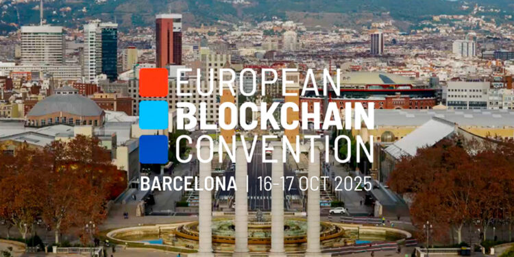 vista aerea de Fira - barcelona con el logo de European Blockchain Convention superpuesto, acompañado de las fechas 16 y 17 de octubre del 2025