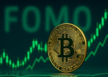 Bitcoin con gráficas en verde y la palabra FOMO en el fondo.