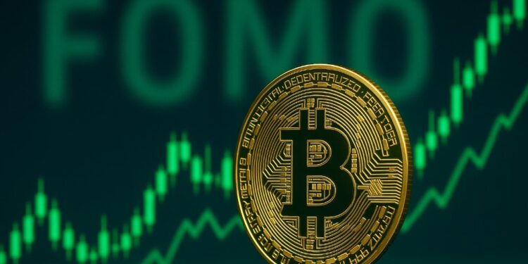 Bitcoin con gráficas en verde y la palabra FOMO en el fondo.