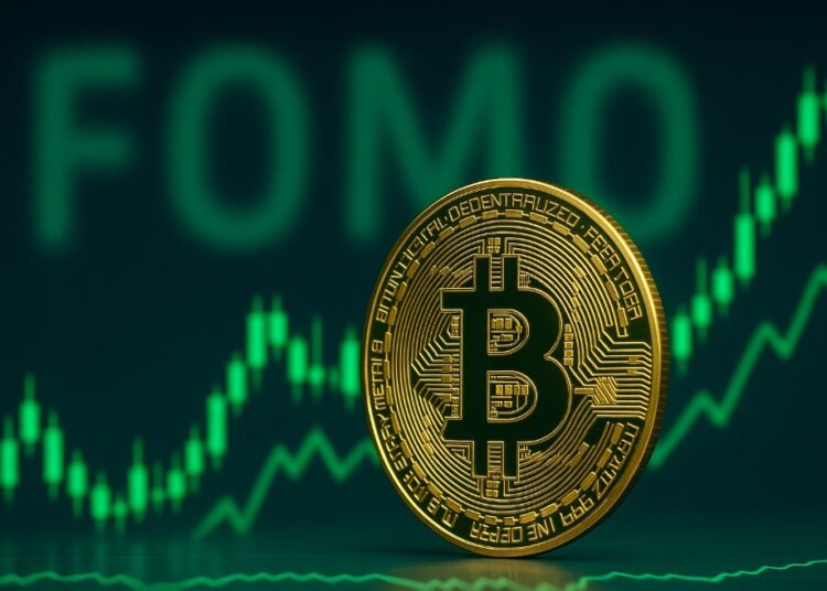 Bitcoin con gráficas en verde y la palabra FOMO en el fondo.