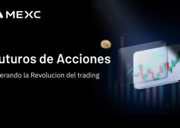 Gráfico de trading con monedas doradas flotando y logo de MEXC.