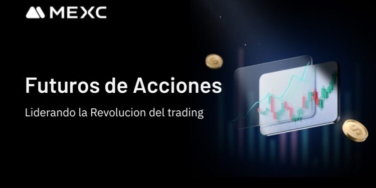 Gráfico de trading con monedas doradas flotando y logo de MEXC.