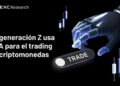 Mano robótica presionando botón de trade con gráficos de fondo.