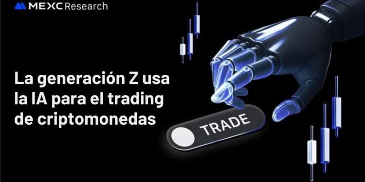 Mano robótica presionando botón de trade con gráficos de fondo.