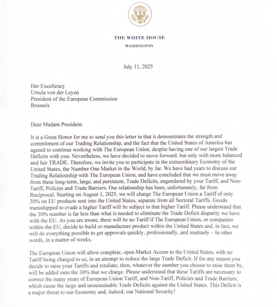 Carta enviada por la Casa Blanca a la Unión Europea.