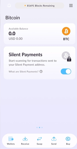 Cake Wallet mostrando la función de silent payments.