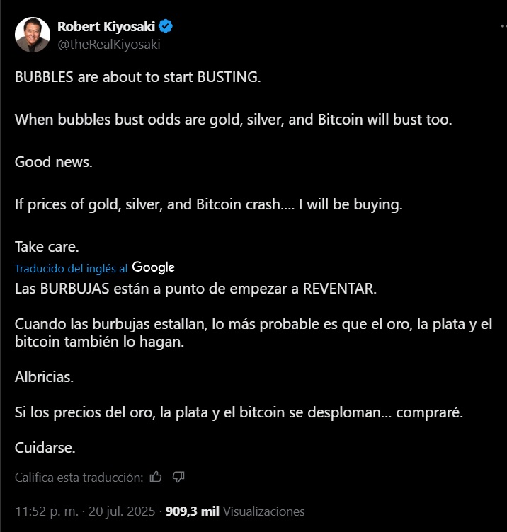Captura de mensaje de Kiyosaki sobre bitcoin.