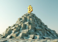 montaña de dólares con logo de bitcoin en la punta.