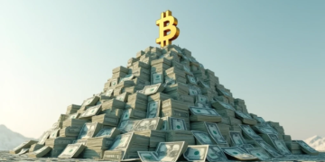 montaña de dólares con logo de bitcoin en la punta.