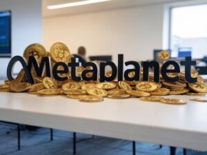 Monedas de bitcoin con el logo de Metaplanet.