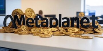 Monedas de bitcoin con el logo de Metaplanet.