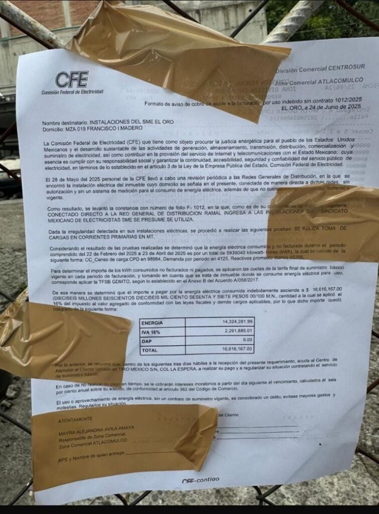 Foto del documento presentado por la Comisión Federal de Electricidad (CFE) ante el Sindicato Mexicano de Electricistas (SME).