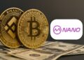 BNB, Bitcoin sobre dinero y al lado el logo de Nano Labs.