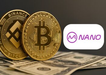 BNB, Bitcoin sobre dinero y al lado el logo de Nano Labs.