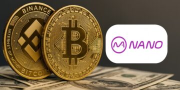 BNB, Bitcoin sobre dinero y al lado el logo de Nano Labs.