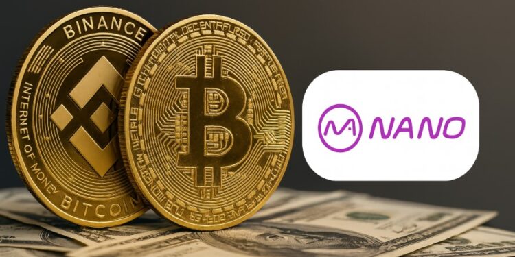 BNB, Bitcoin sobre dinero y al lado el logo de Nano Labs.