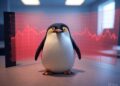 Un pingüino delante de un gráfico de precios rojo.