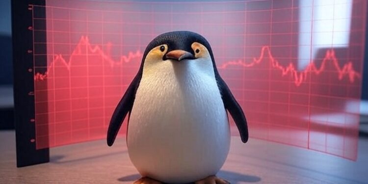 Un pingüino delante de un gráfico de precios rojo.