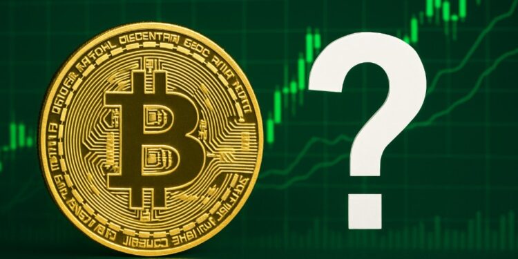 Bitcoin al lado de un signo de interrogación y gráficas verdes de fondo.