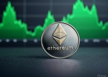 Una moneda de Ethereum delante de una pantalla de gráficos de precio.