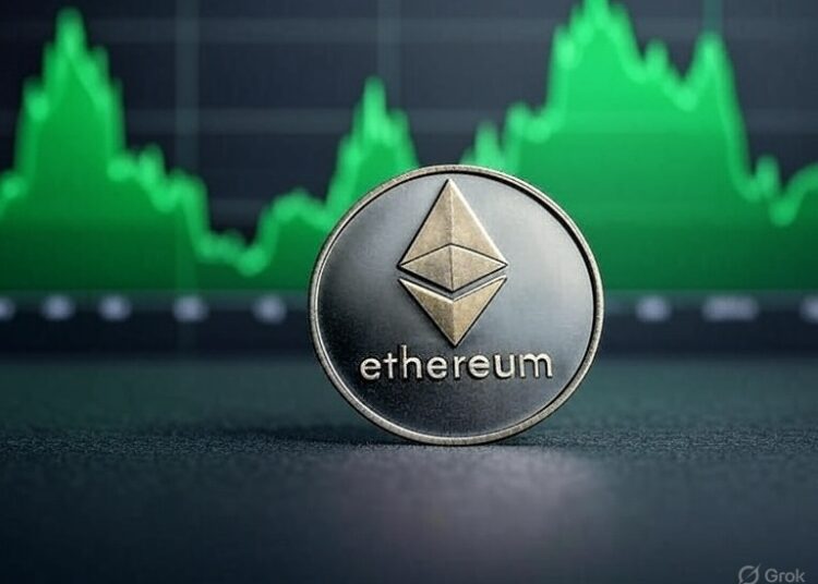 Una moneda de Ethereum delante de una pantalla de gráficos de precio.