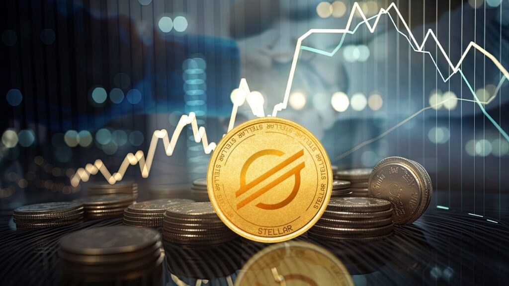 moneda de stellar entre monedas apiladas con grafico de precio y personas estrechando sus manos en el fondo