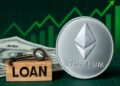 Ethereum con gráficas verdes y un cartel de "prestamos" en inglés.
